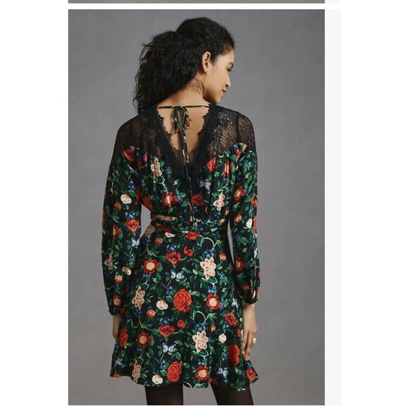 Anthropologie Lacy V-Neck Mini Dress  14 Black Floral Long Sleeve Fit Flare NEW - Picture 15 of 15